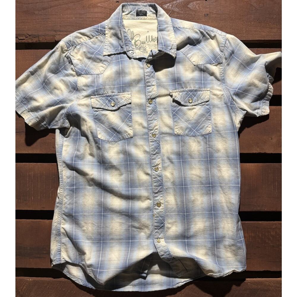 Bullhead Western Snap Shirt Men’s Medium Blue Shadow Plaid Cotton Y2K Vintage